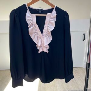 J. Crew Long Sleeve Blouse with Cream Ruffle Collar Office Work Shirt